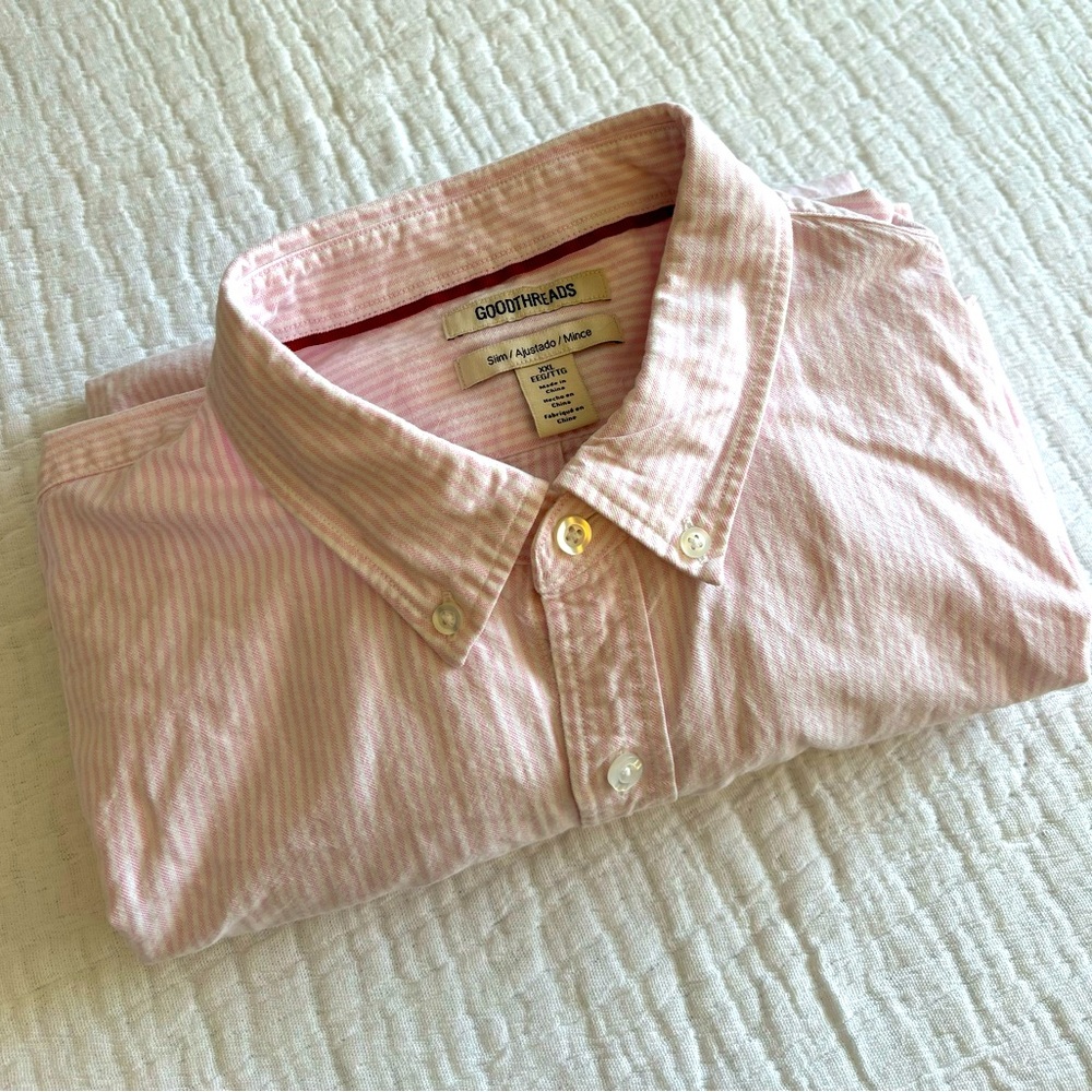 Goodthreads Men's XXL Slim Pinstripe Button Down Long Sleeve Pink & white stripe